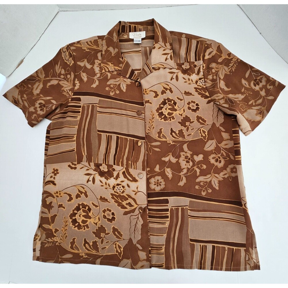 Voir Collection Blouse  XL Brown Print Short Sleeve Button Up Top Shoulder Pads